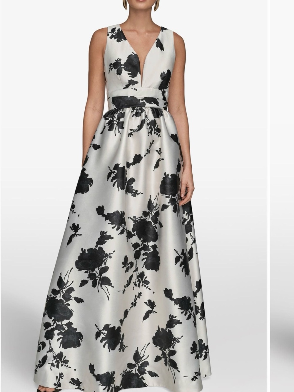 Donna Karan Black and White Floral V-Neck Maxi Dress